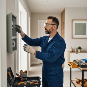 Electrician inspecting electrical panel in a home, showcasing expertise and safety