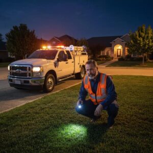 Electrician responding to a residential power outage — ready to diagnose and secure the site