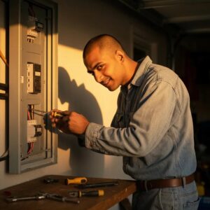 Electrician working on a residential electrical panel, emphasizing safety and expertise