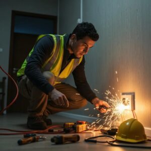 Emergency electrician examining a sparking outlet, illustrating urgency and professionalism